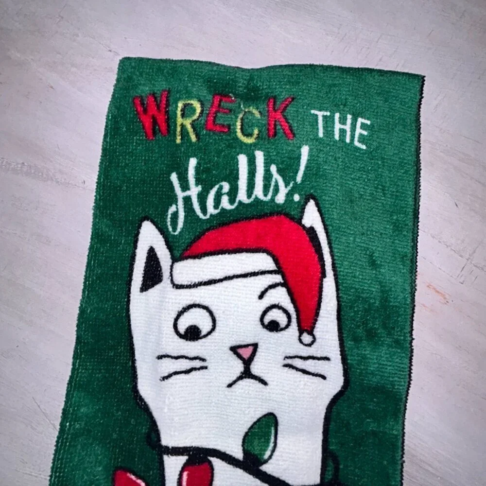 NEW RITZ Christmas Cat Wreck The Halls Kitchen Towel Bath Hand Towel Set of 2